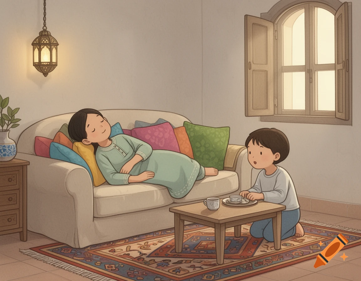 Children's illustration of a woman sleeping on a sofa with colorful pillows, a child kneels by a table with teacups.