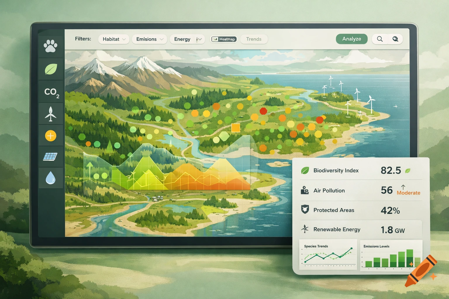 A digital dashboard showing an interactive map with ecological data, filters, charts, and metrics like biodiversity index and renewable energy.