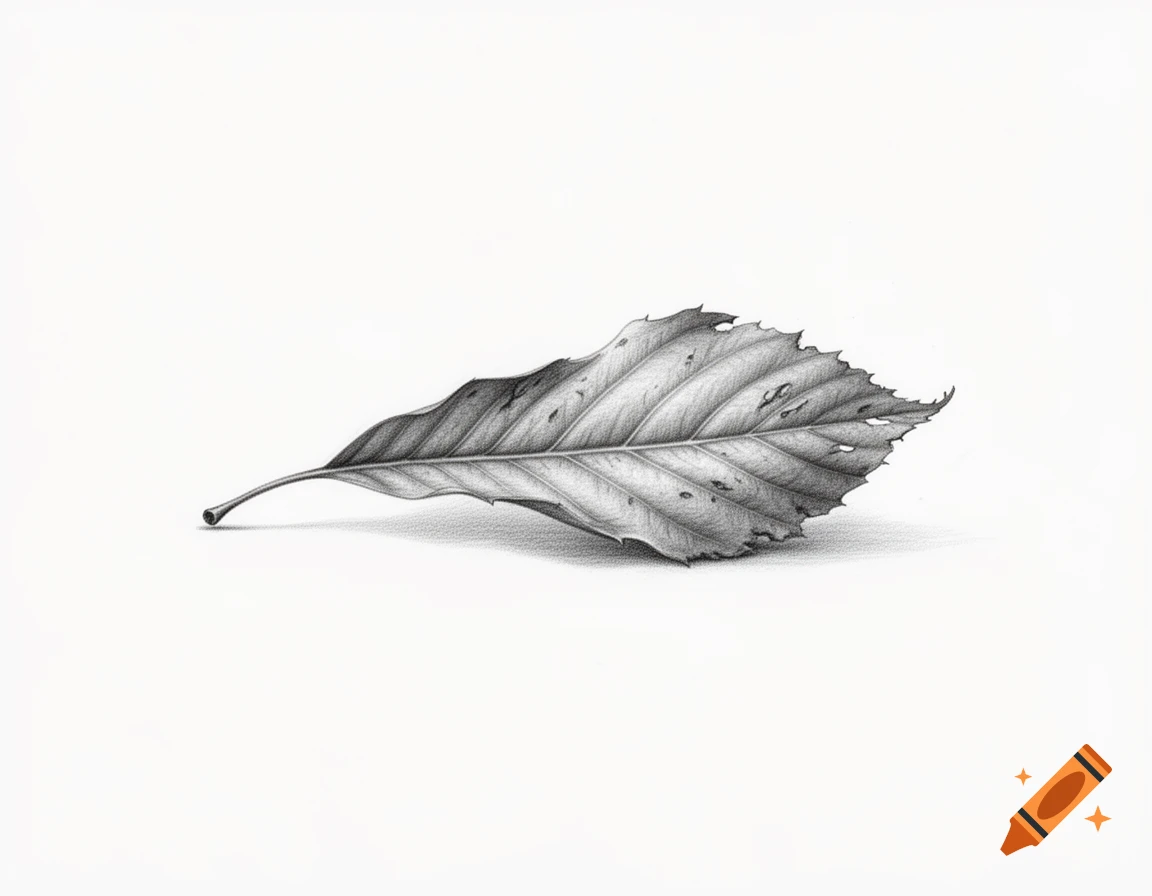 A black and white pencil drawing of a single curved chestnut leaf, viewed in profile.