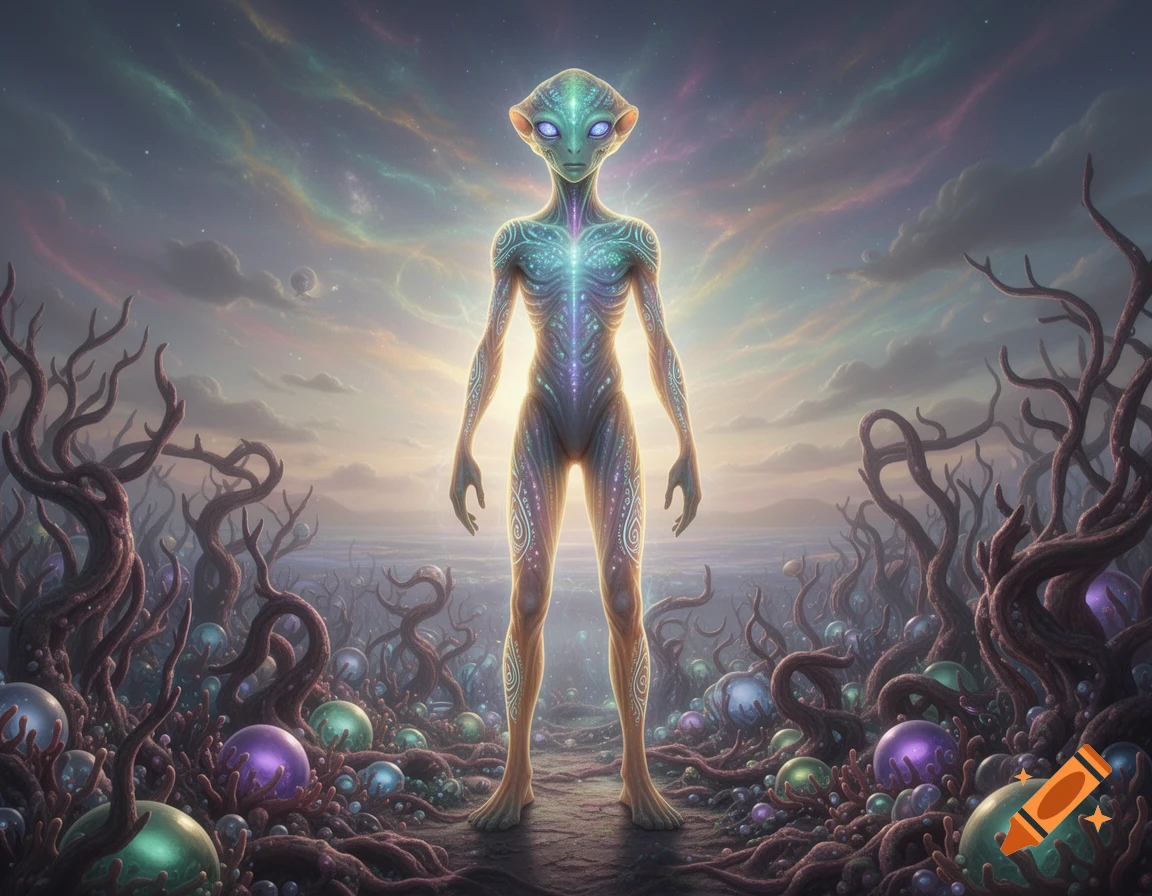A tall, glowing alien stands in a desolate, otherworldly landscape with twisted trees and colorful orbs under a nebular sky.