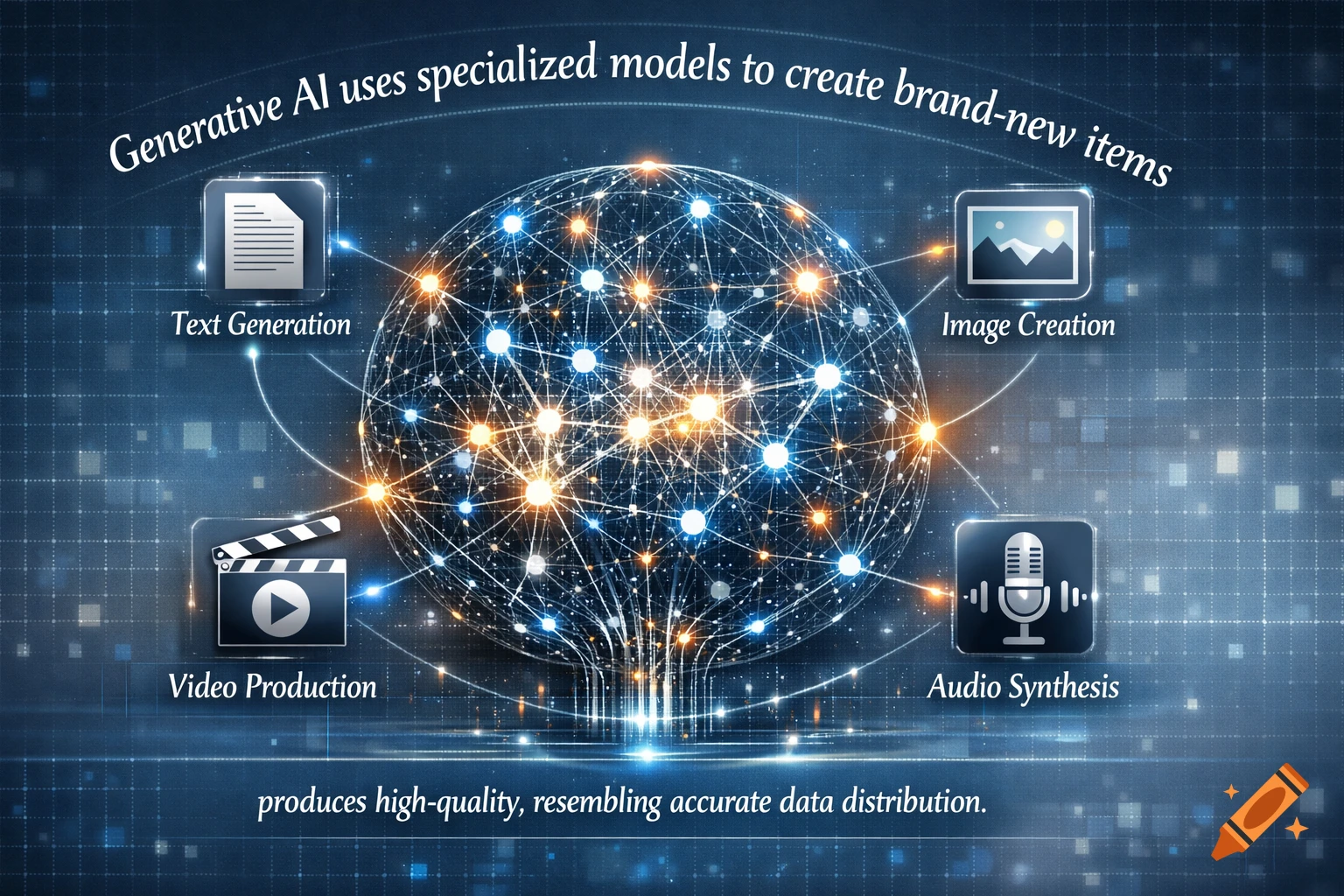 Infographic illustrating Generative AI, with a glowing network globe and icons for text, image, video, and audio generation.