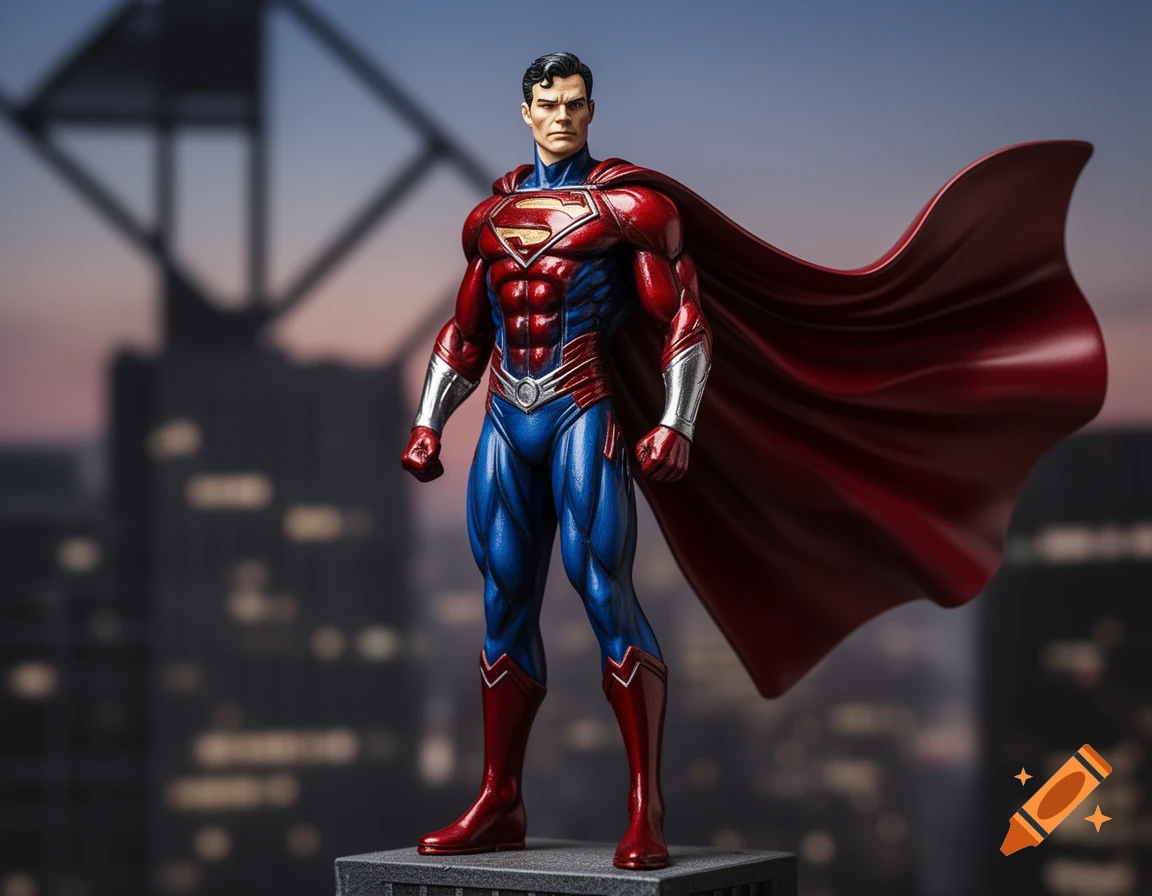 A photorealistic figurine of a muscular superhero, resembling Superman, in blue and red, standing on a dark pedestal against a blurred city background.