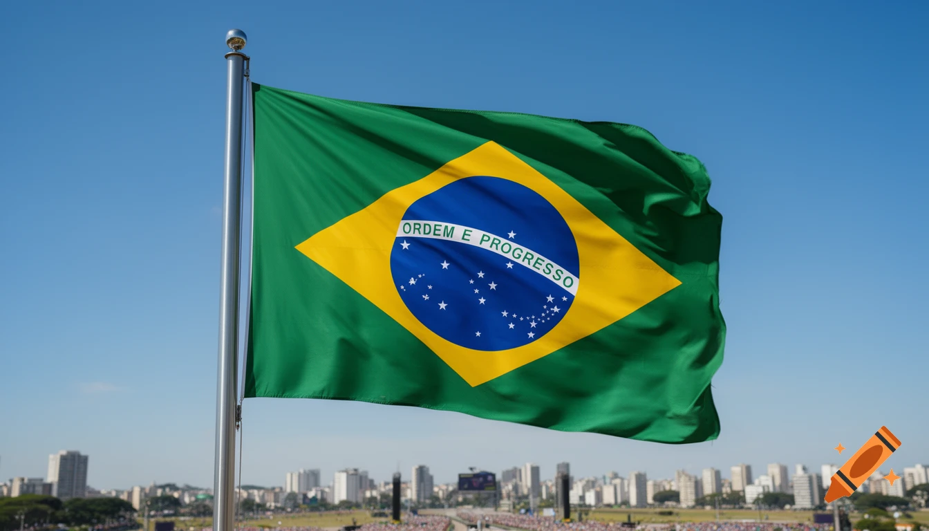 Photorealistic image of the Brazilian flag waving against a clear blue sky, with a city skyline in the background.