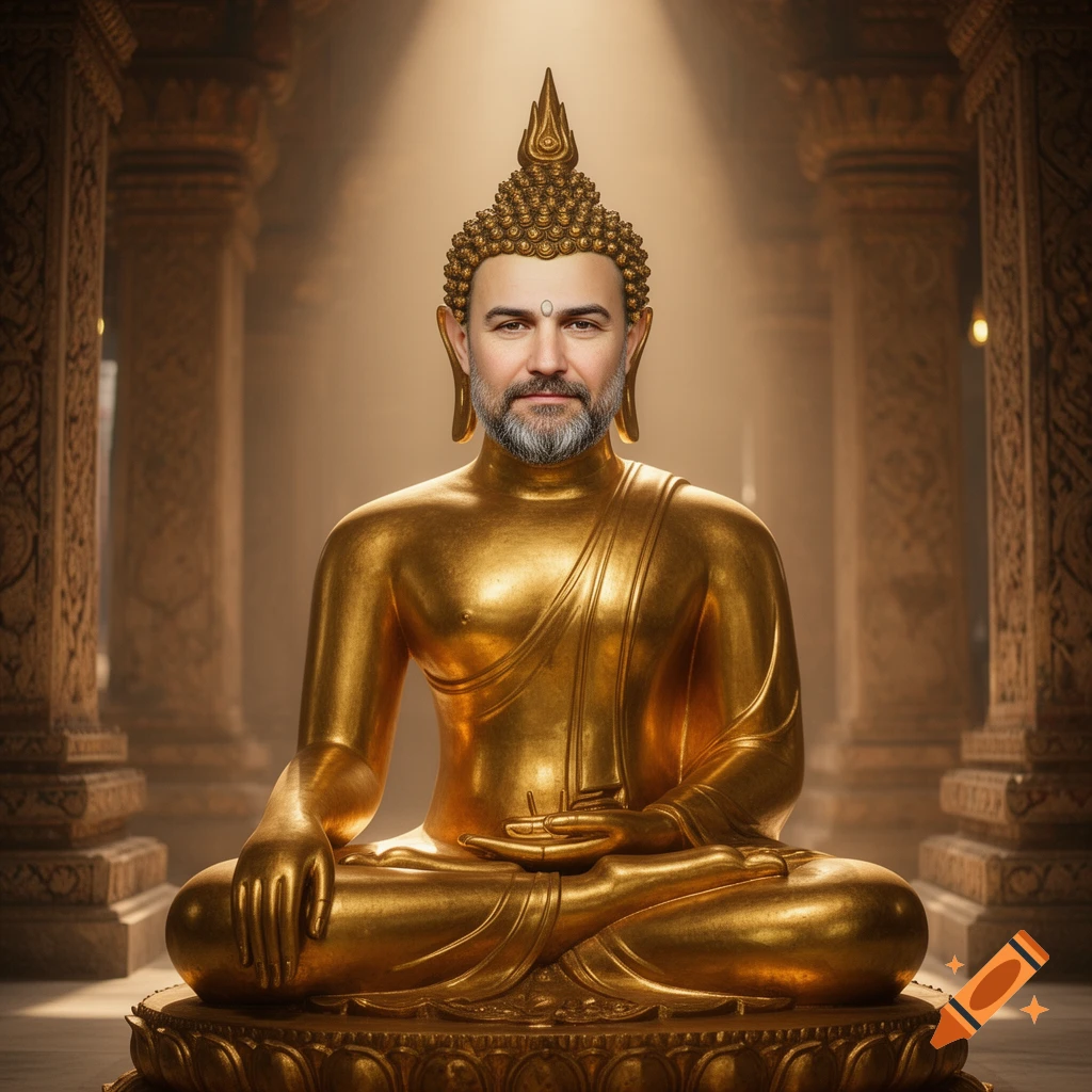 A golden Buddha statue with the face of Amadeo Bordiga, seated in a meditative pose in a temple with ornate columns.