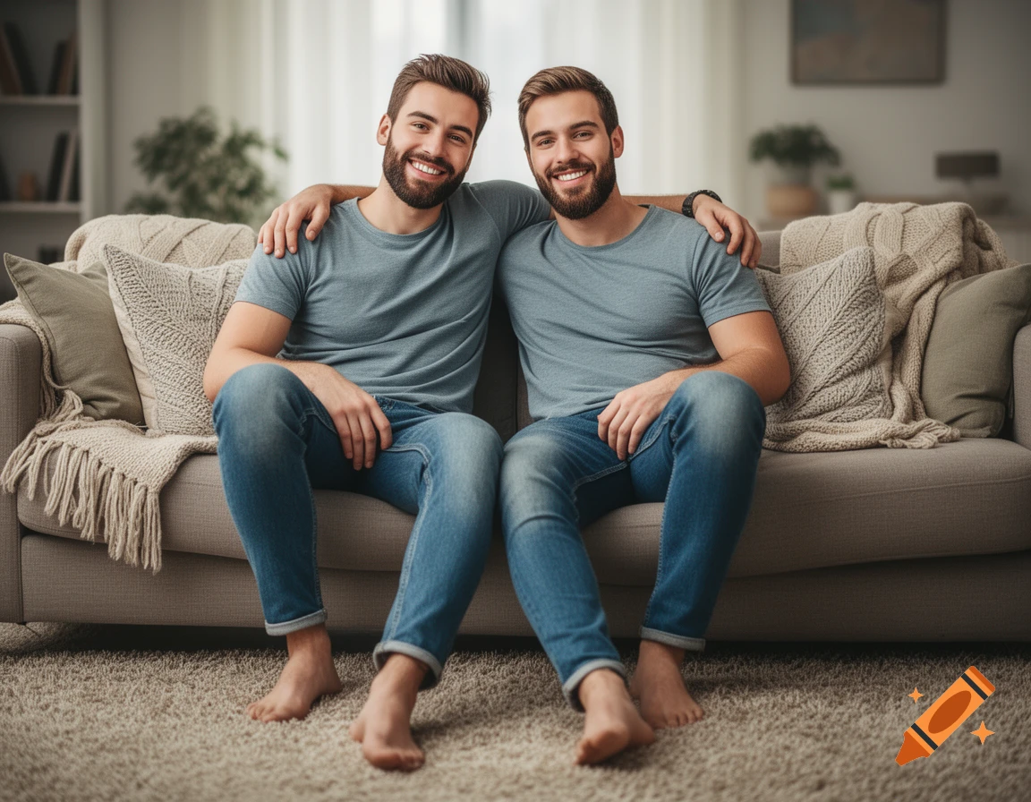 Two smiling men with beards, wearing blue jeans and t-shirts, sit on a sofa with arms around each other in a living room.
