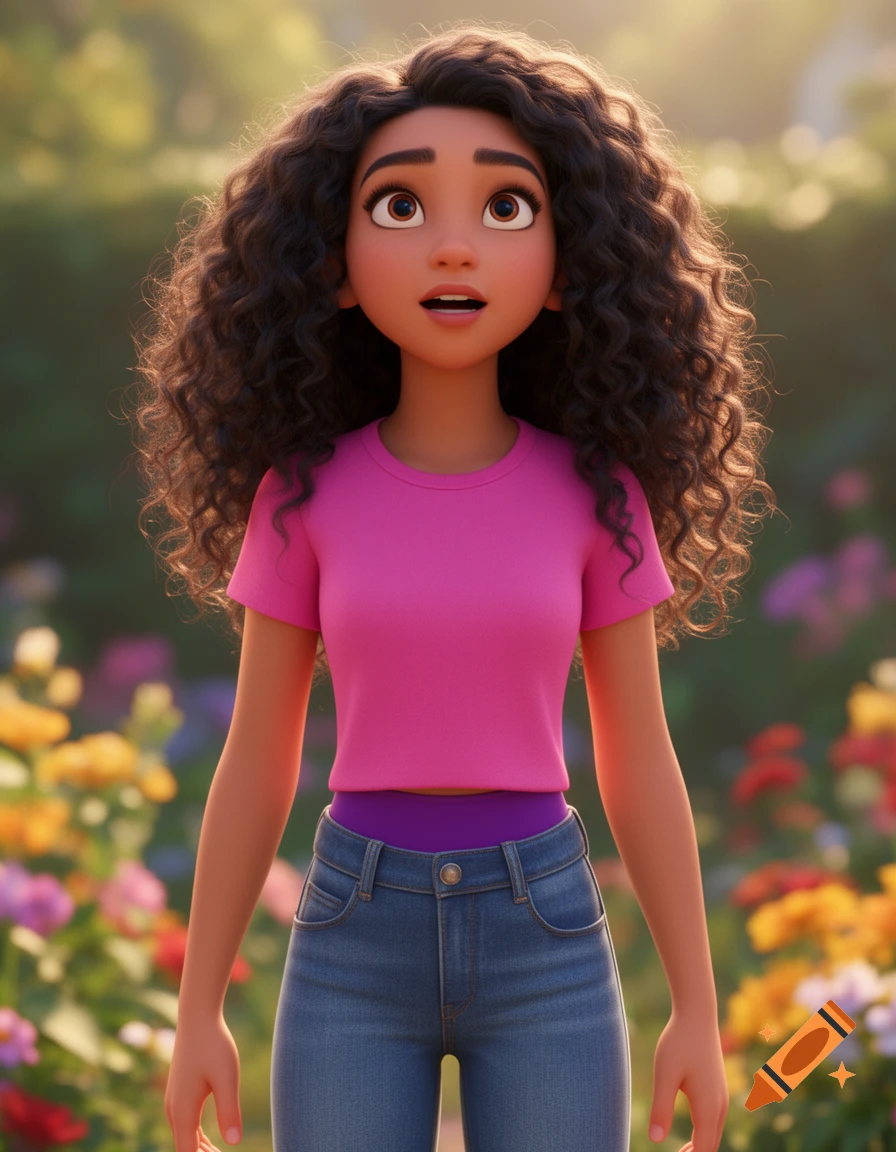 An animated character like Asha from Wish, in a pink t-shirt and blue jeans, looks up surprised in a bright garden.