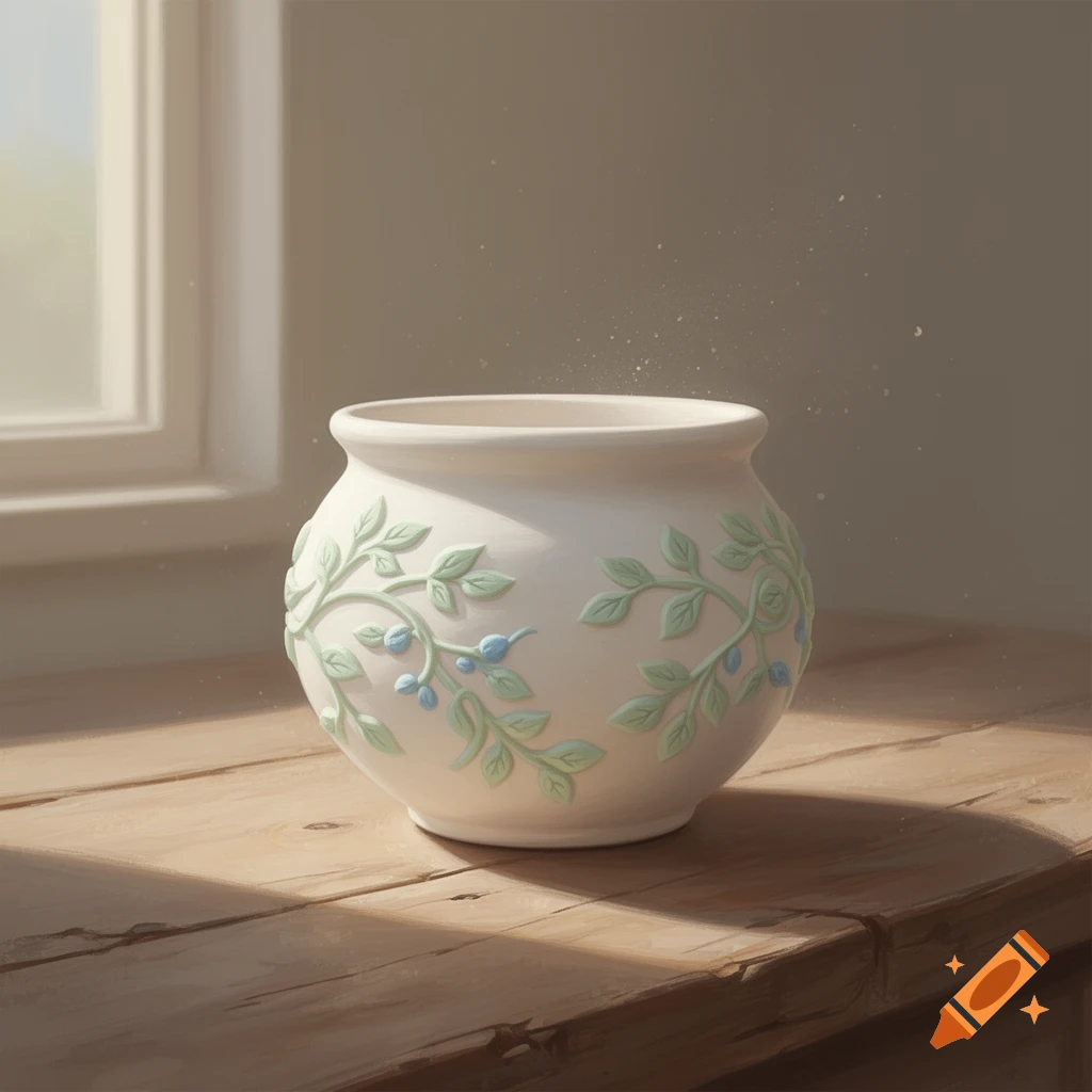 A white clay pot with raised green leafy and blue berry designs sits on a wooden table near a sunlit window.
