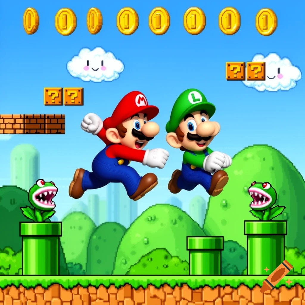 Mario and Luigi jump over piranha plants in a colorful Super Mario Bros. level with question blocks and coins.
