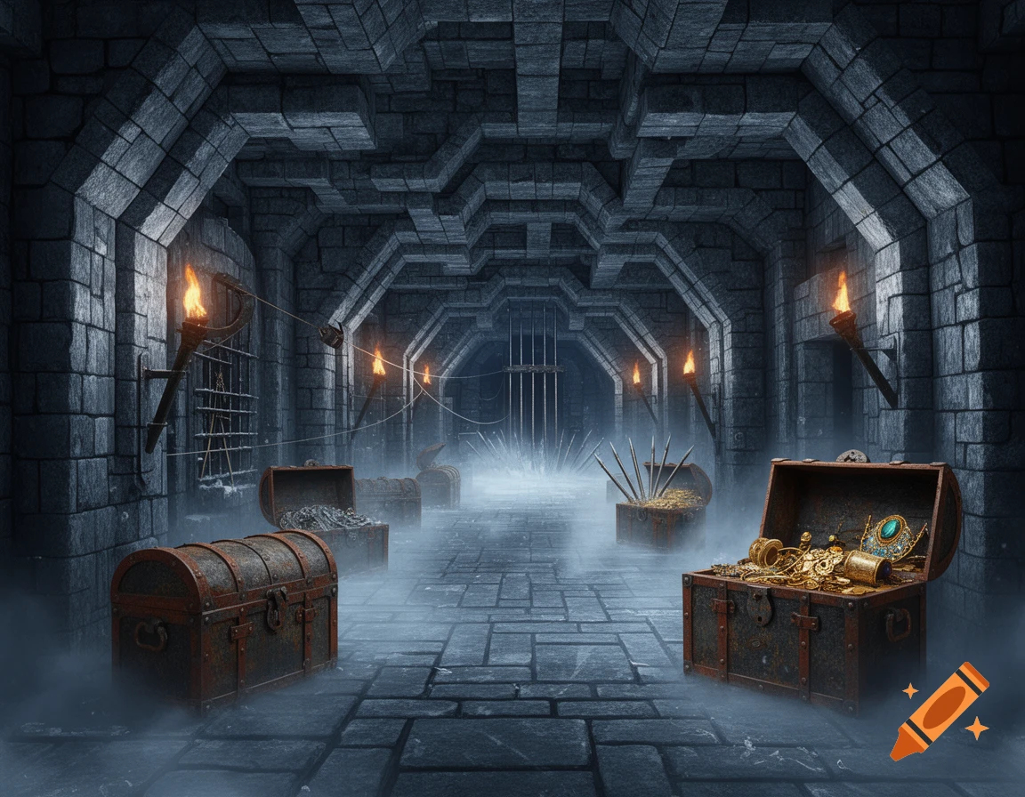 A dark, labyrinthine stone dungeon hallway lit by torches, with treasure chests filled with gold on a misty floor.