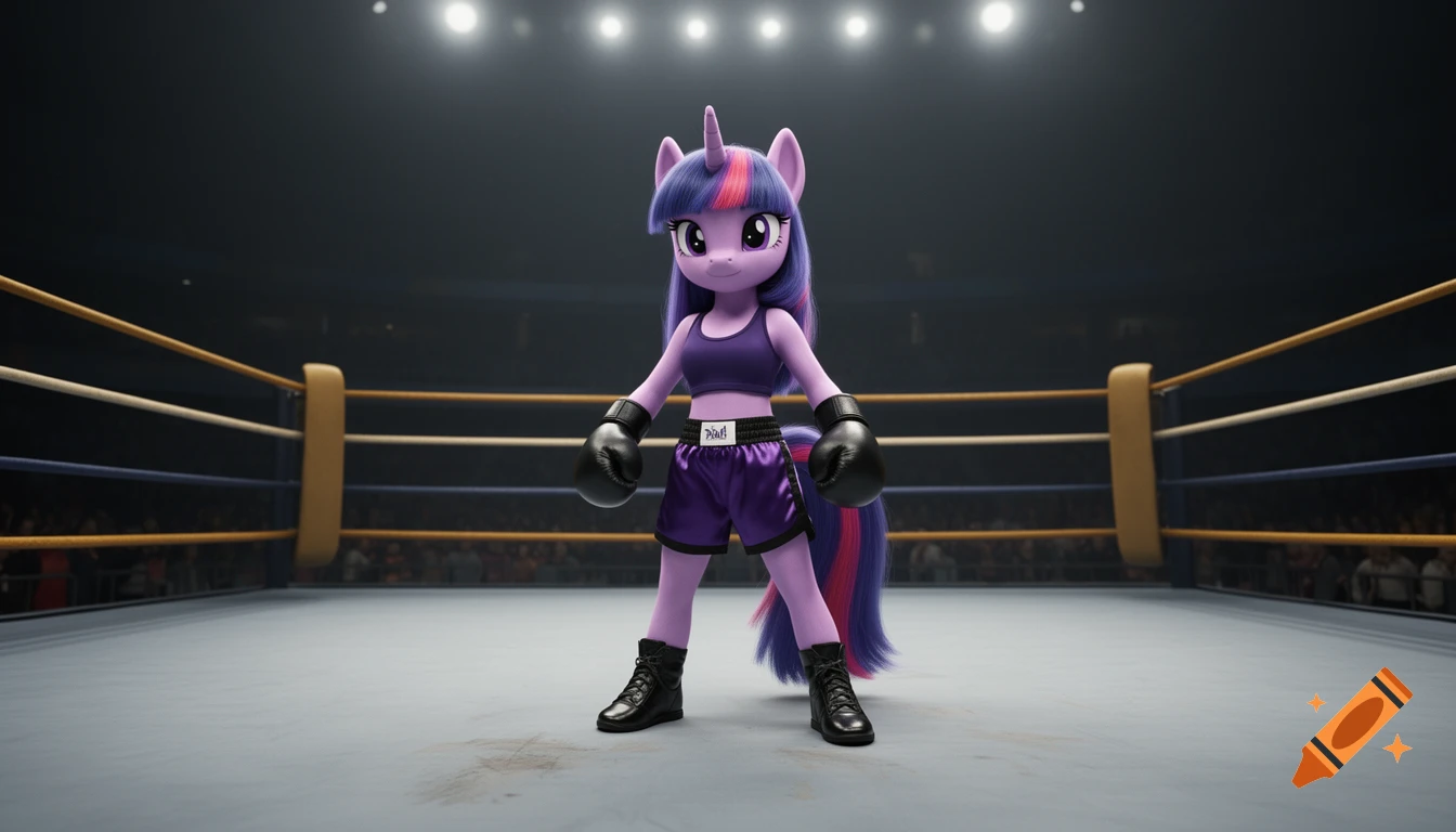 Twilight Sparkle in a purple sports bra, shorts, and black boxing gloves and shoes, standing in a boxing ring.
