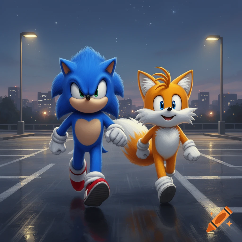 Sonic and Tails walk towards the camera in a rainy parking lot at night, with city lights in the background.