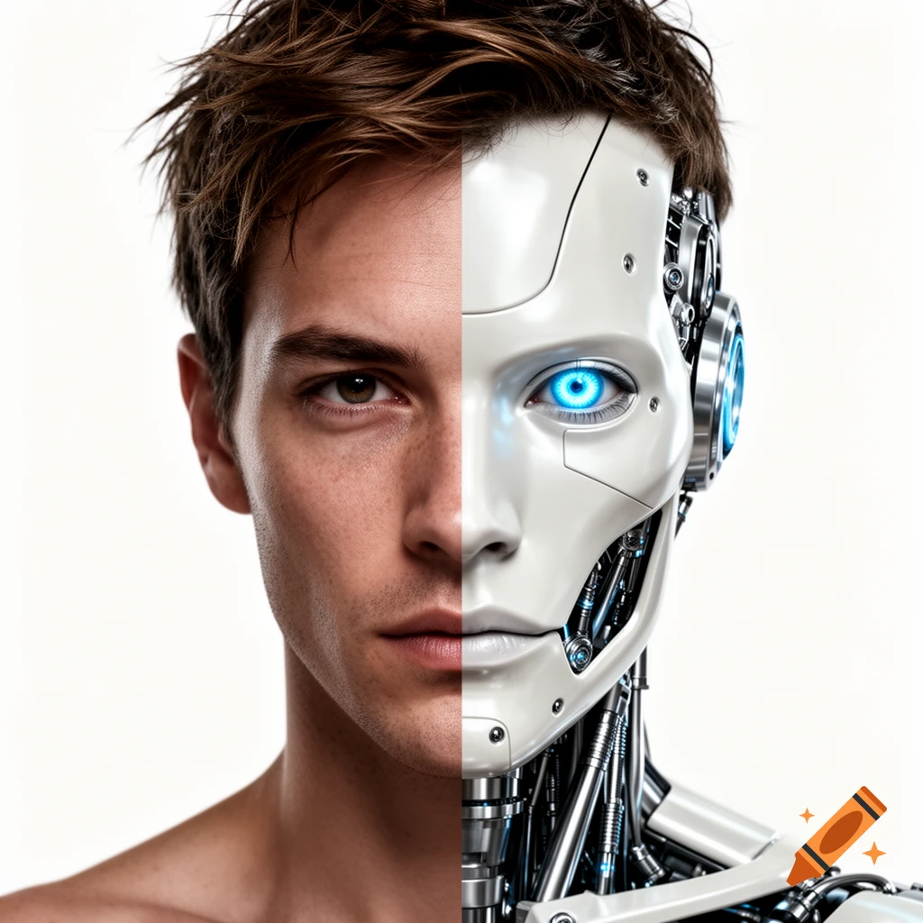 Close-up of a man's face split vertically, with one half human and the other a white cyborg with a glowing blue eye, on a white background, photorealistic style.
