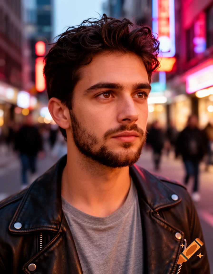 Photorealistic portrait of a young man with dark wavy hair and beard ...