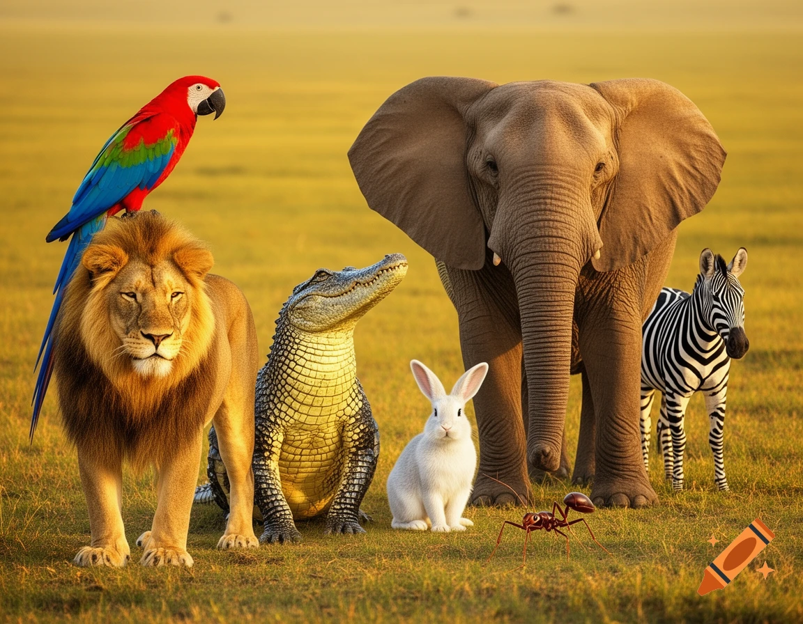 A colorful parrot perches on a lion's head, standing with a crocodile, rabbit, elephant, zebra, and ant in a golden savanna.