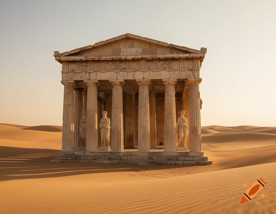 A grand ancient Greek temple with Doric columns and statues stands in a ...