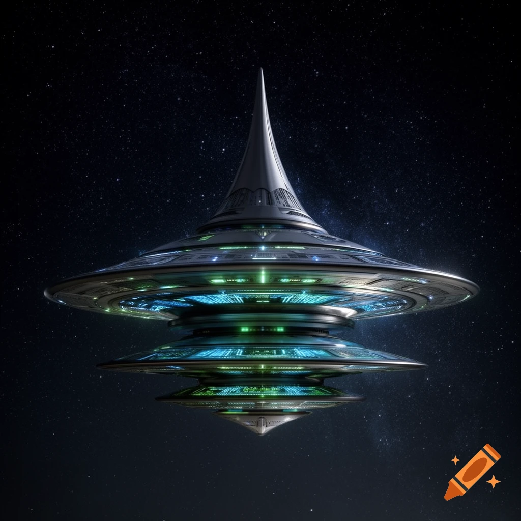 A futuristic, tiered UFO with a pointed top and glowing blue and green lights against a starry night sky.