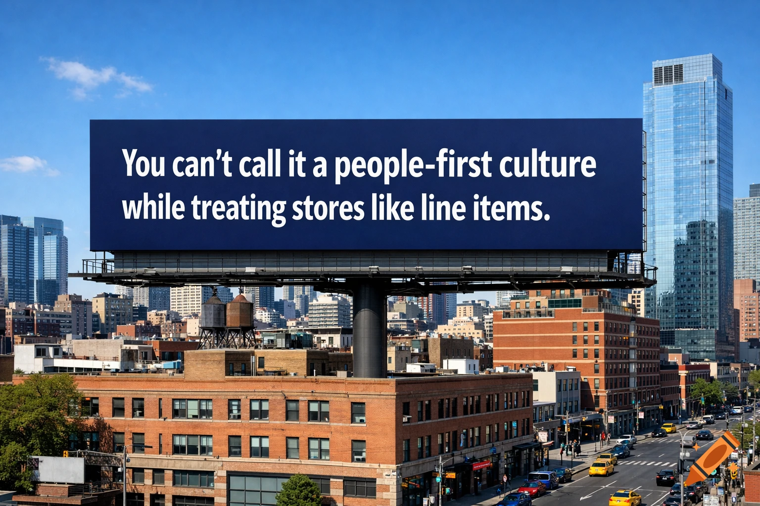 A photorealistic image of a billboard in a city, displaying the text "You can call it a people-first culture while treating stores like line items." on a blue background.