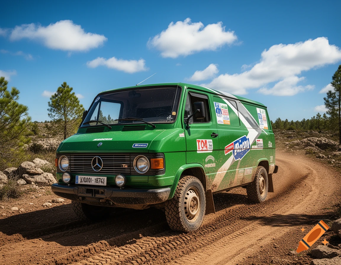 A green Mercedes T2 Vario rally van drives on a dusty dirt road under a blue sky with white clouds, surrounded by sparse trees and rocks.