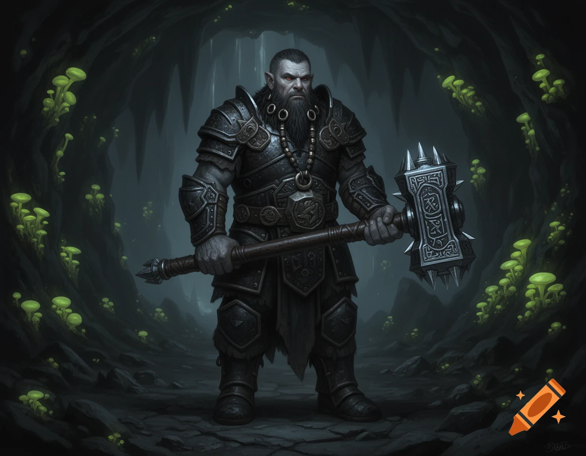 A heavily armored fantasy duergar warrior with a long beard holds a large warhammer in a glowing mushroom cave.