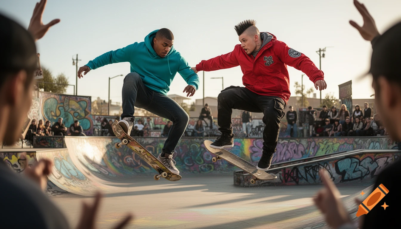 Two male skateboarders perform tricks over ramps in a vibrant outdoor skatepark with graffiti. Photorealistic.