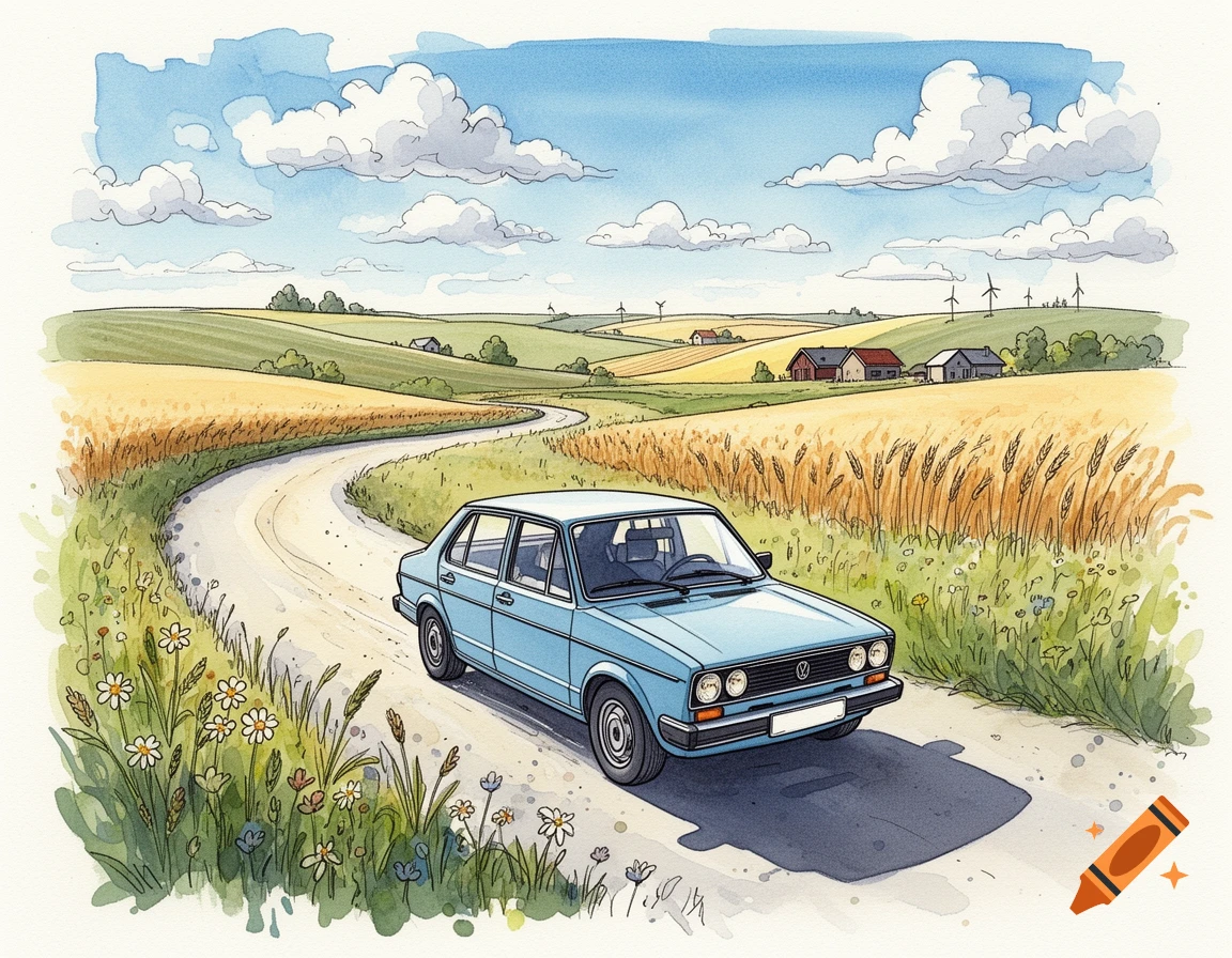 Light blue car on a winding dirt road through a summer countryside with fields and distant houses in a watercolor illustration.