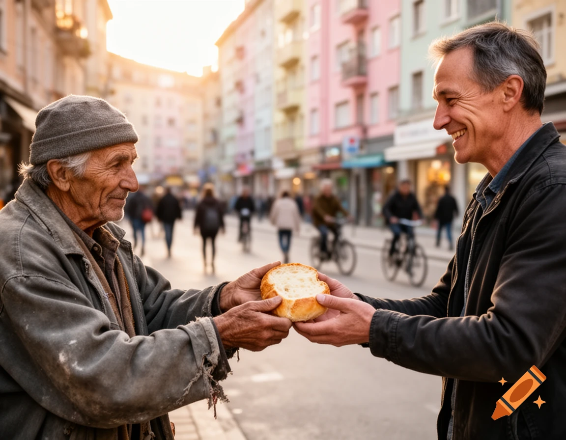 An older man in worn clothes gives a piece of bread to a smiling man on a sunlit city street.