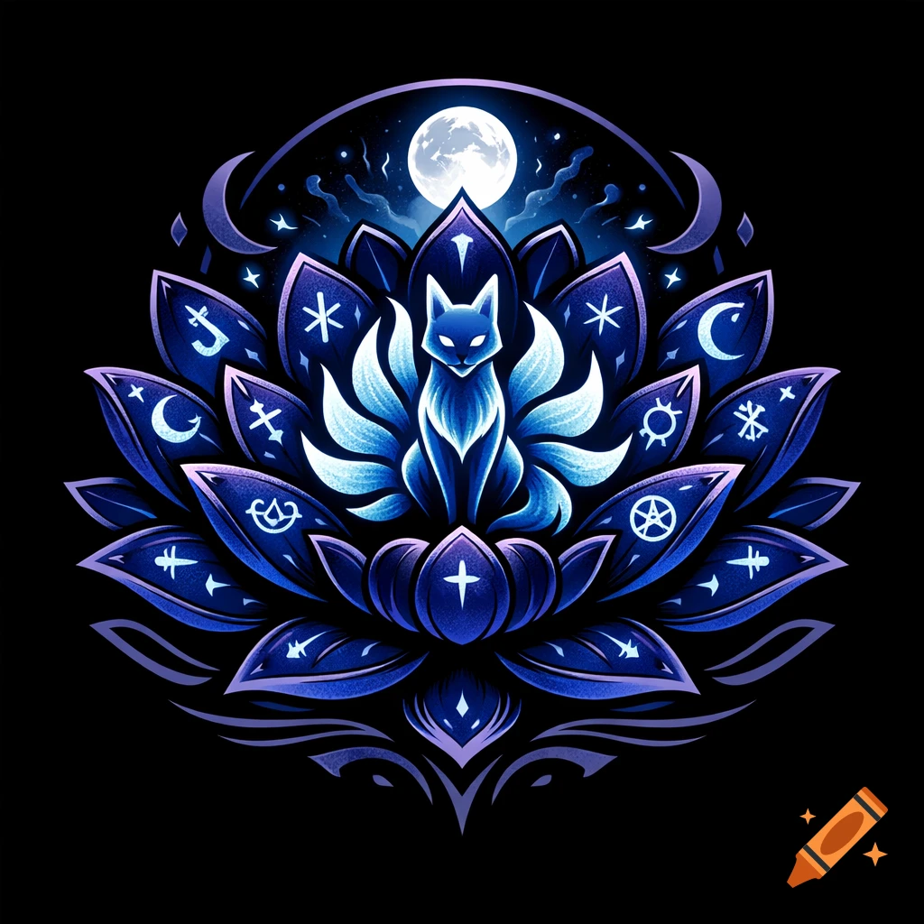 A stylized blue nine-tailed fox on a dark blue lotus flower adorned with mystical symbols under a full moon, on a black background.