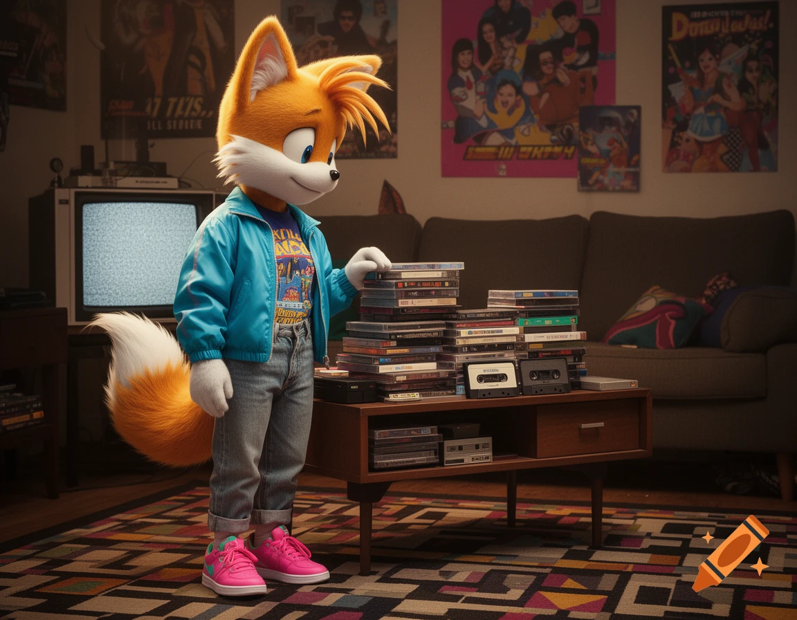 An anthropomorphic orange fox character wearing a blue jacket and jeans stands in a retro living room with a stack of CDs and tapes.