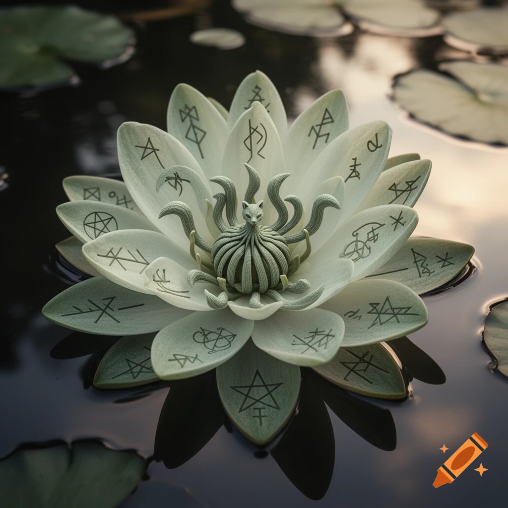 A detailed water lily with mystical symbols on its petals, featuring a nine-tailed fox-like creature in its center, floating on dark water.