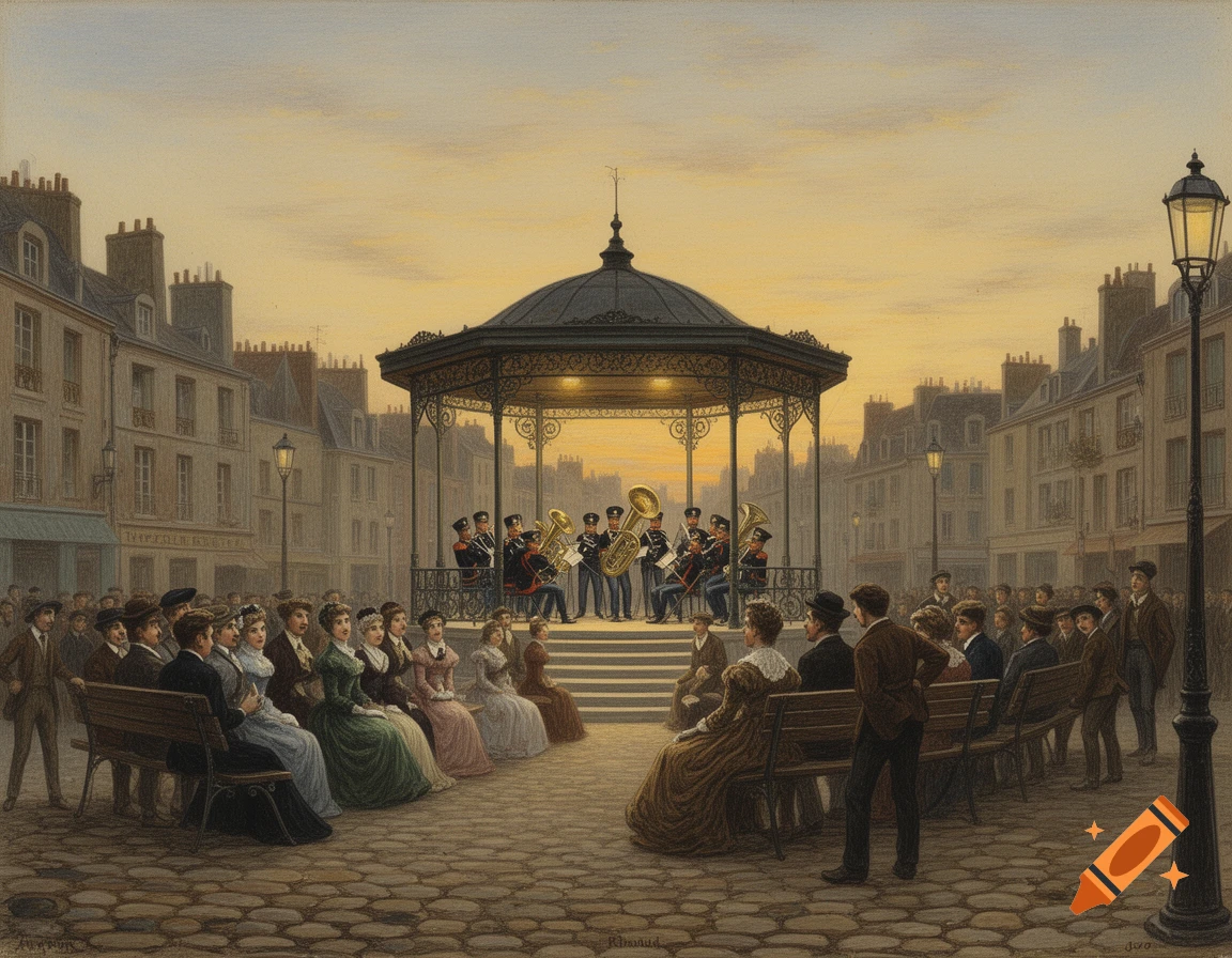 An old painting of a military band playing in a town square at dusk, with people sitting on benches and watching.