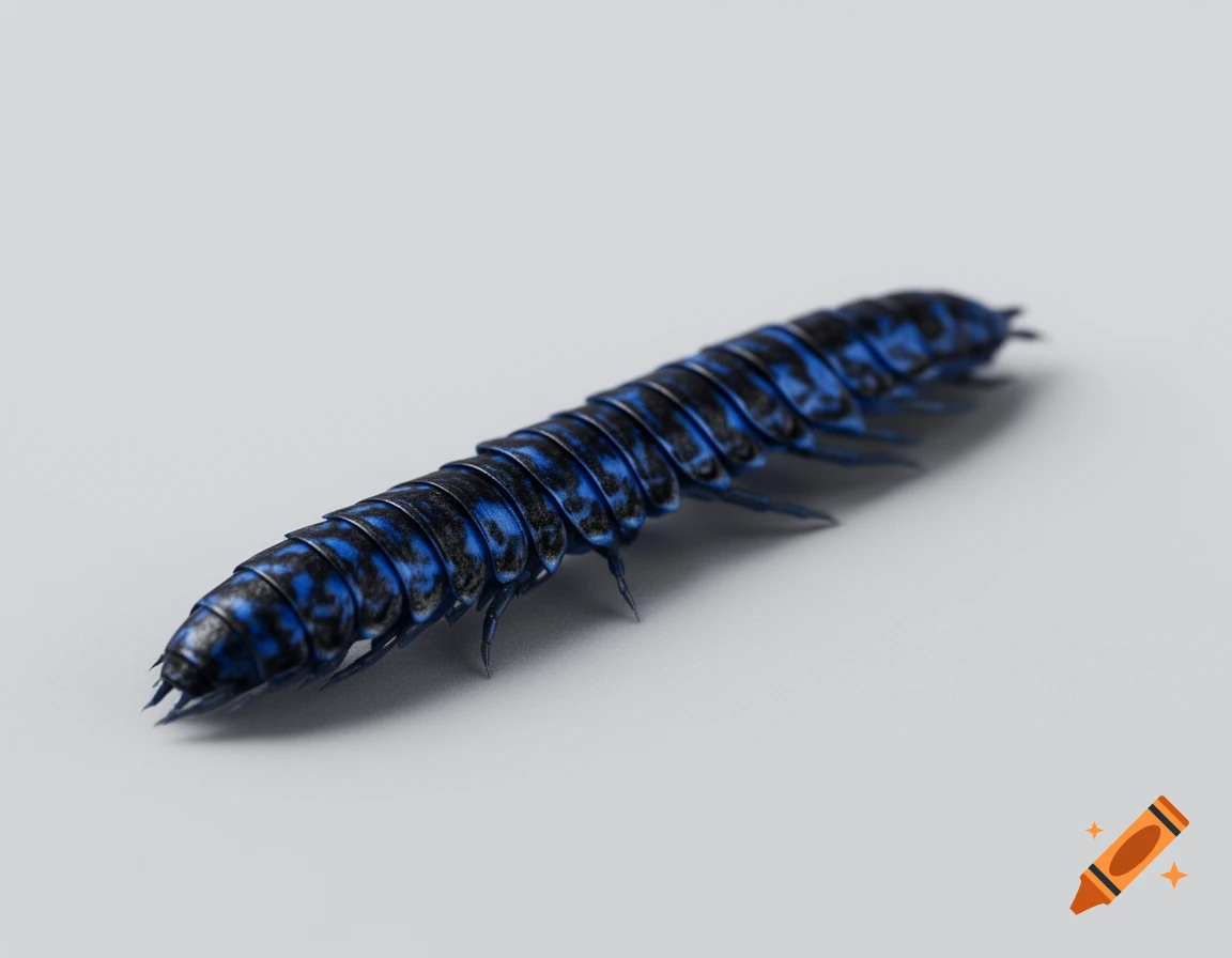 A blue and black segmented centipede-like creature with many legs on a plain light grey background.