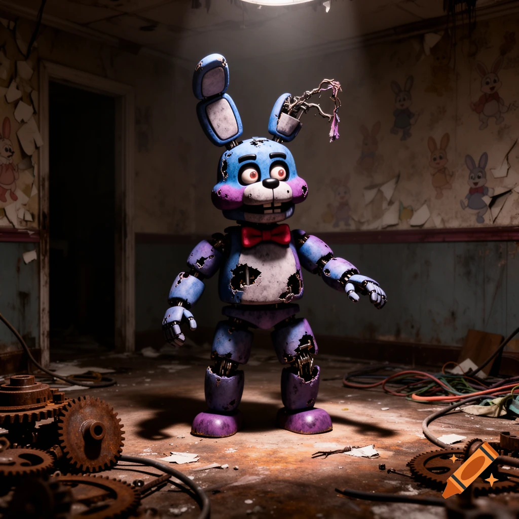 A damaged blue and purple animatronic bunny, Bonnie, with red eyes in a dark, dilapidated room with peeling bunny wallpaper and rusty gears.