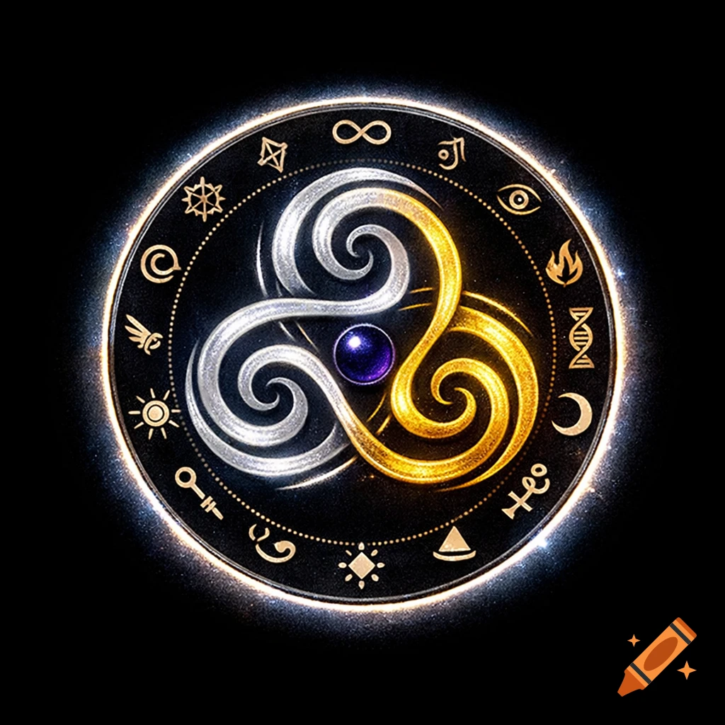 A glowing circular sigil with interlocking silver and gold spirals, a central indigo orb, and 12 golden glyphs on a black background.