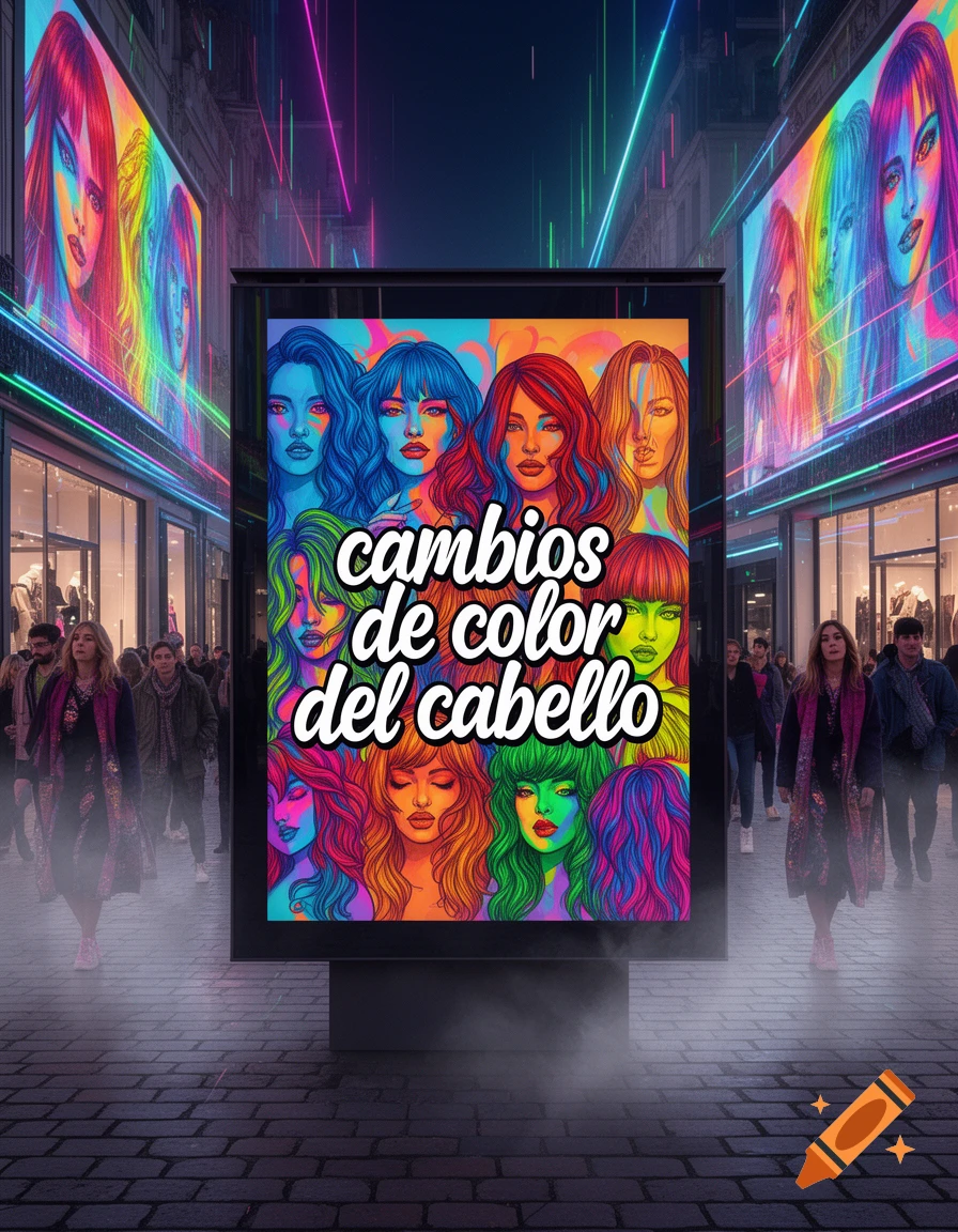 A neon-lit city street at night with a large central billboard and side screens displaying pop-art women with colorful hair, advertising 'cambios de color del cabello'.