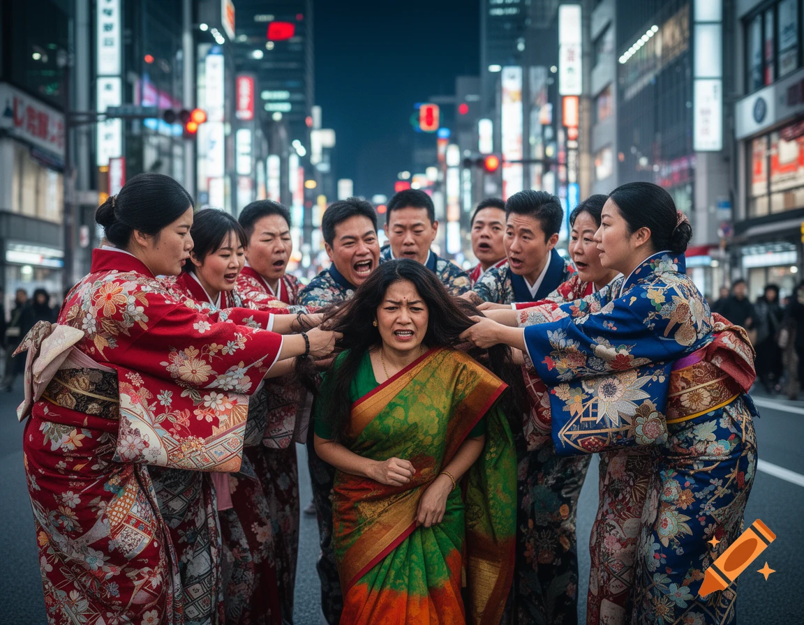 Photorealistic image of Asian people in kimonos pulling an Indian woman's hair and yelling at her on a Tokyo street at night.