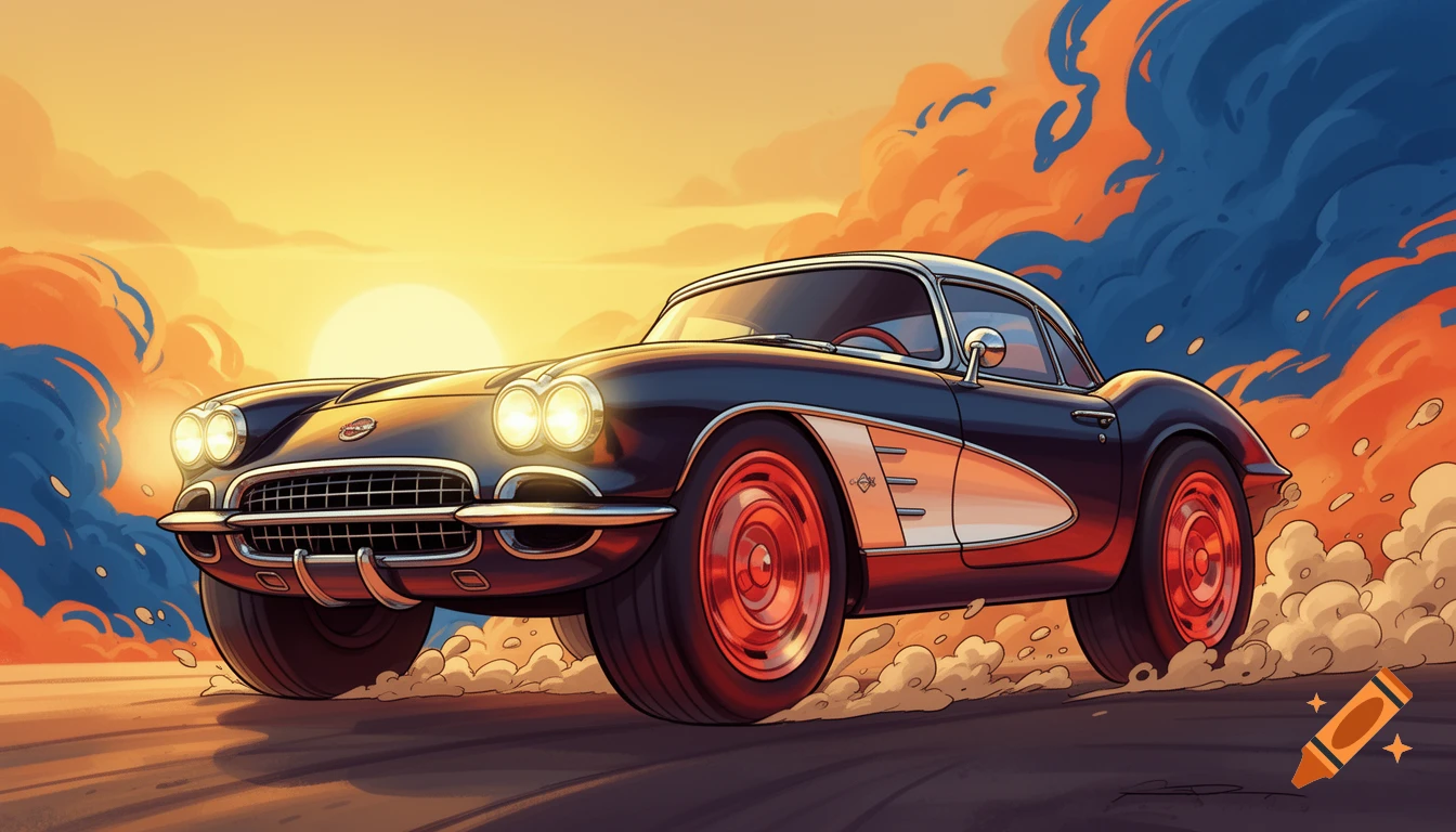 A cartoon classic black and white Corvette drives on a road, kicking up dust against an orange and blue sunset sky.