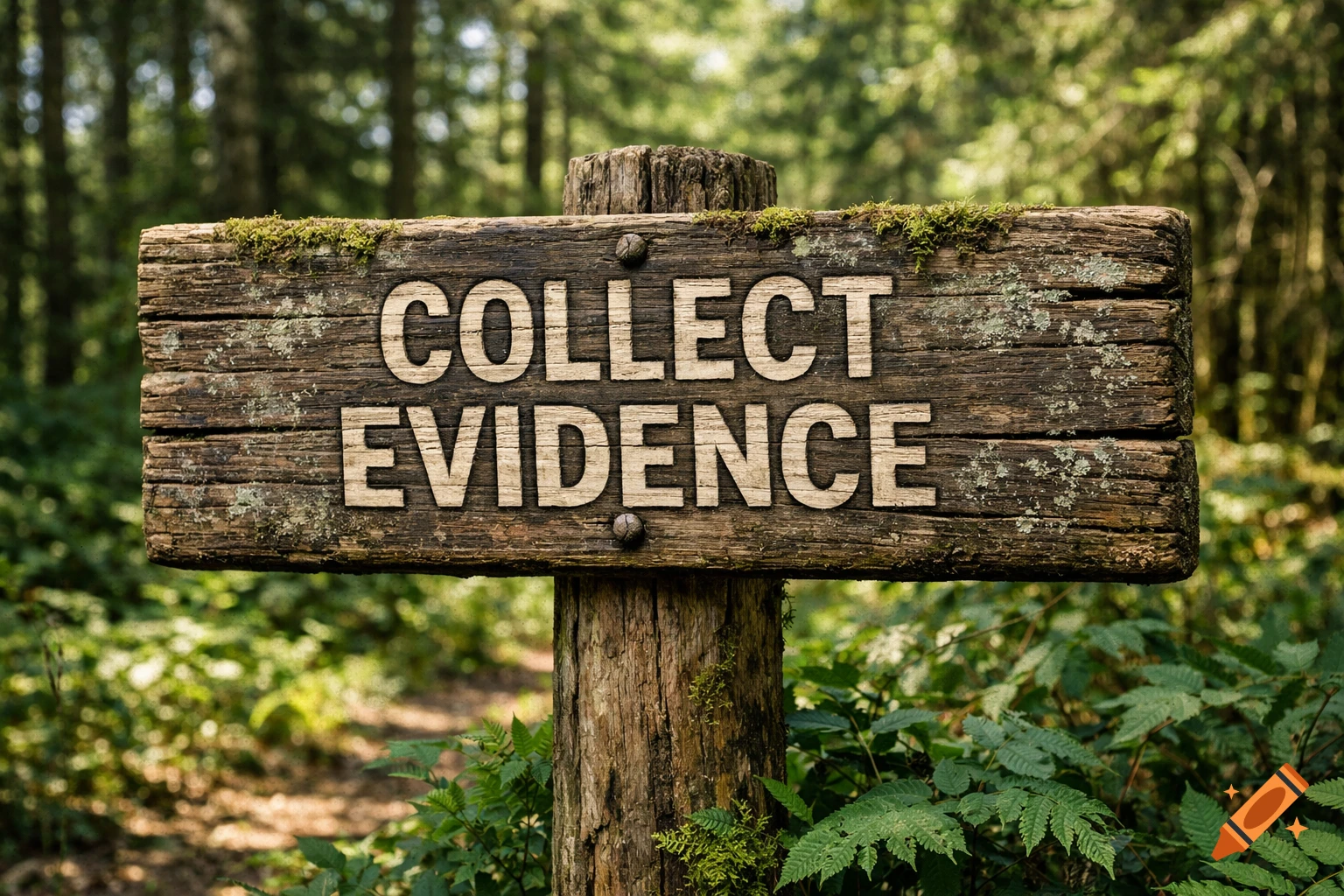 A weathered wooden sign displaying "COLLECT EVIDENCE" stands in a sun-dappled forest.
