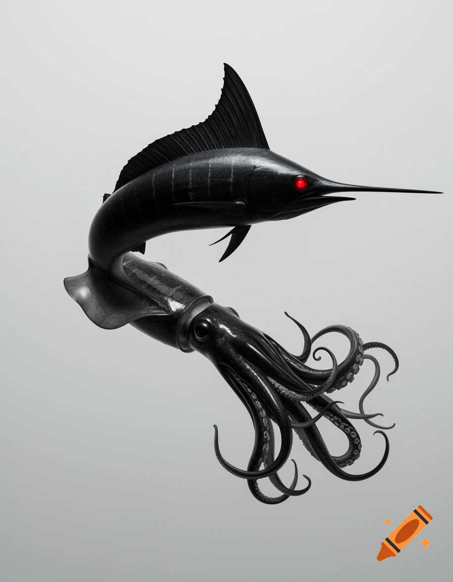 A sleek, dark hybrid creature, part marlin with a dorsal fin and red eyes, and part squid with tentacles for a tail, on a light grey background.