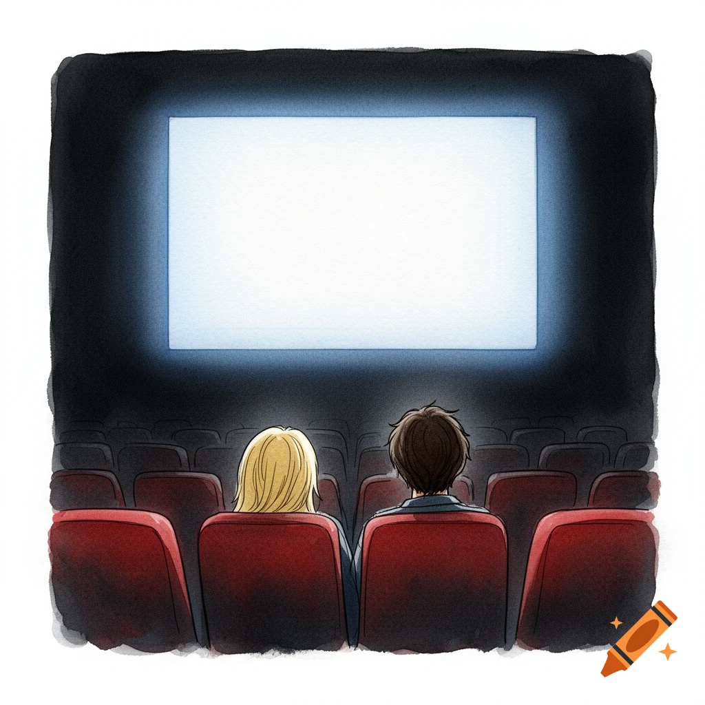 Watercolor illustration of two people from behind watching a bright screen in a dark movie theater.