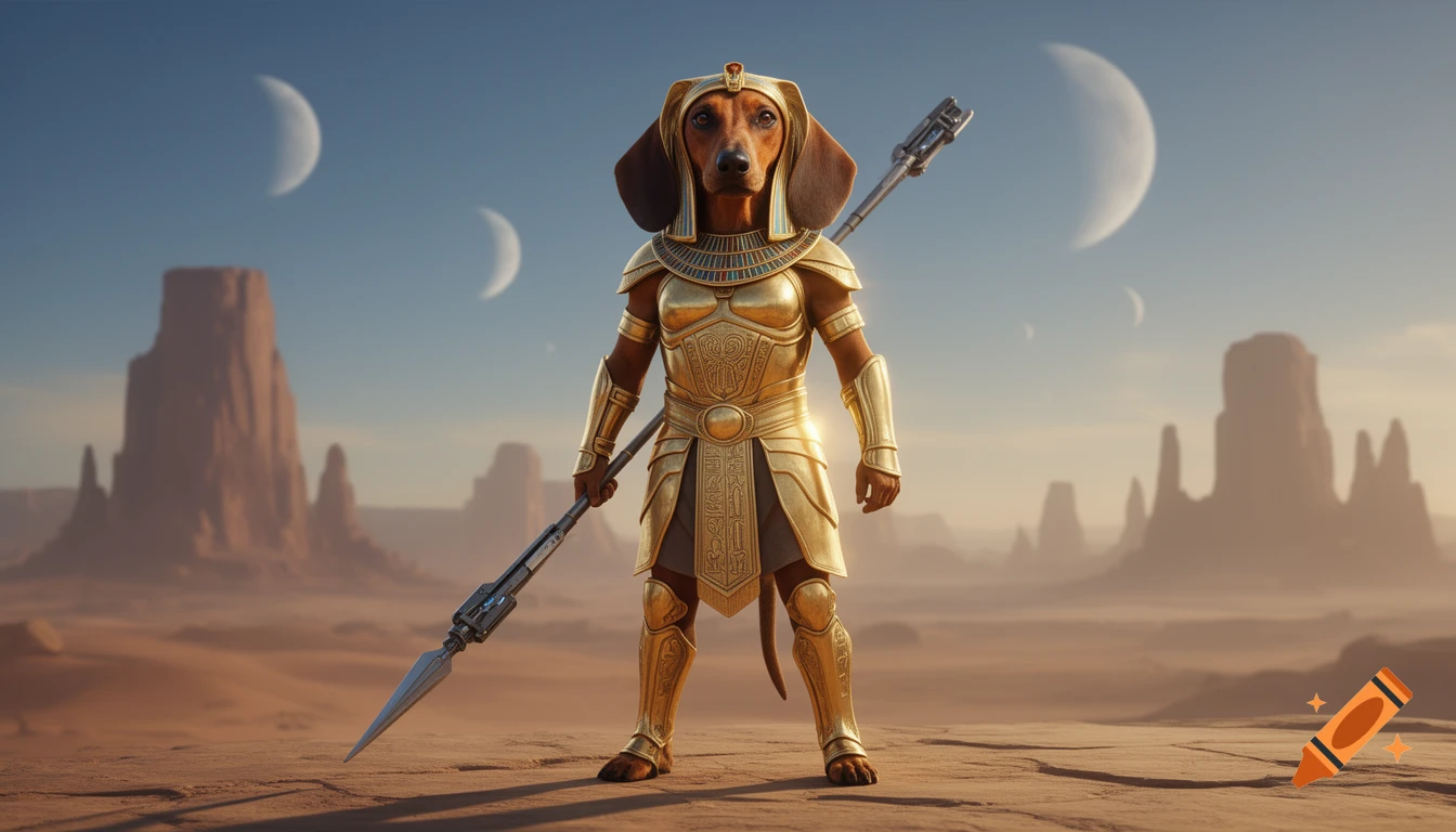 A dachshund-headed warrior in golden Egyptian-inspired armor holds a futuristic spear in a desert under multiple moons.