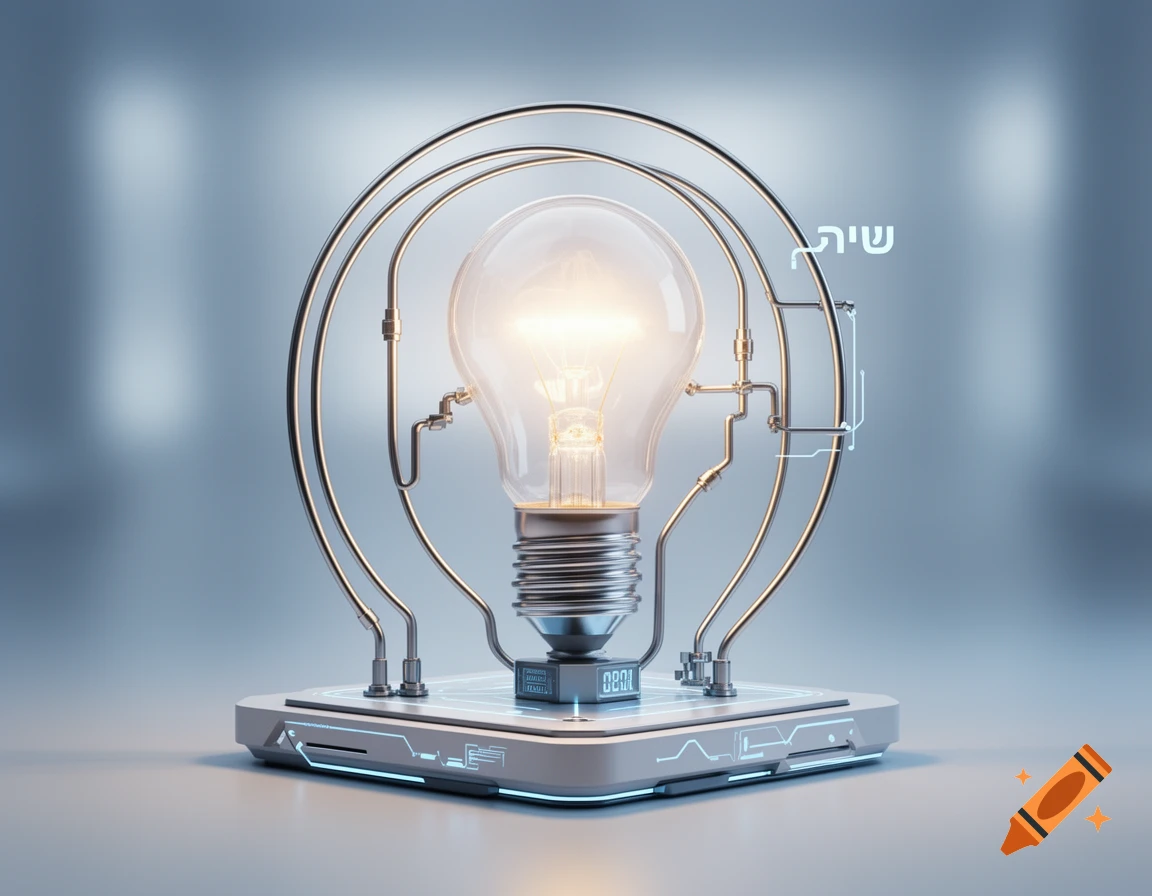 A glowing light bulb inside a futuristic metal circuit structure on a ...