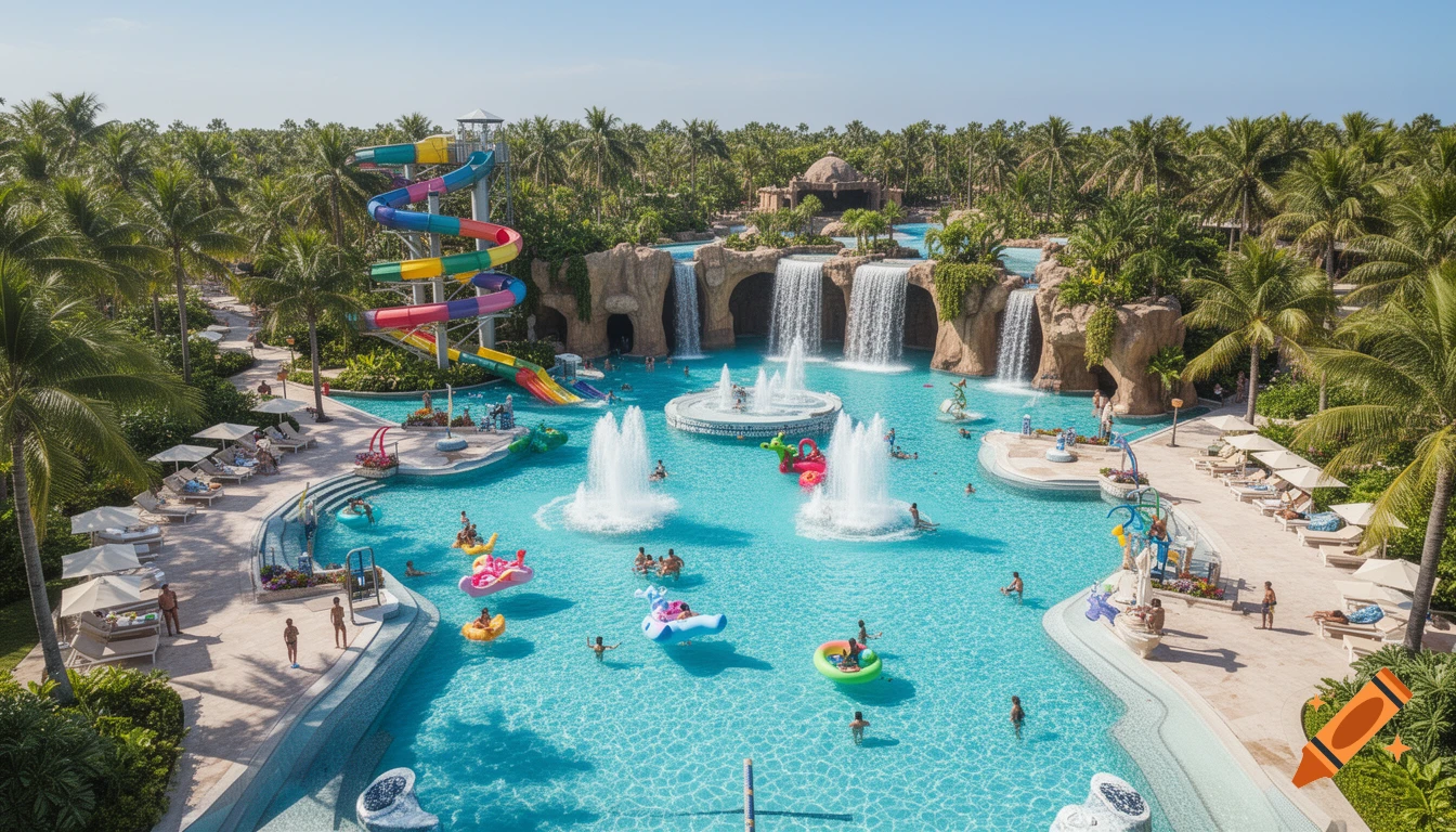 Aerial view of a vibrant outdoor water park with colorful slides, waterfalls, fountains, and many people swimming and relaxing amid palm trees.