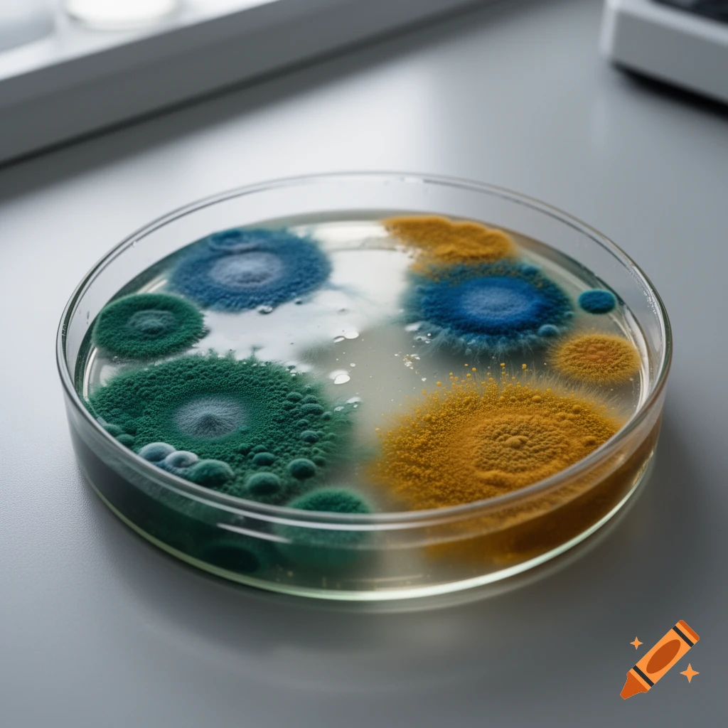 A clear petri dish containing colorful blue, green, and yellow mold colonies growing on agar, on a laboratory surface.