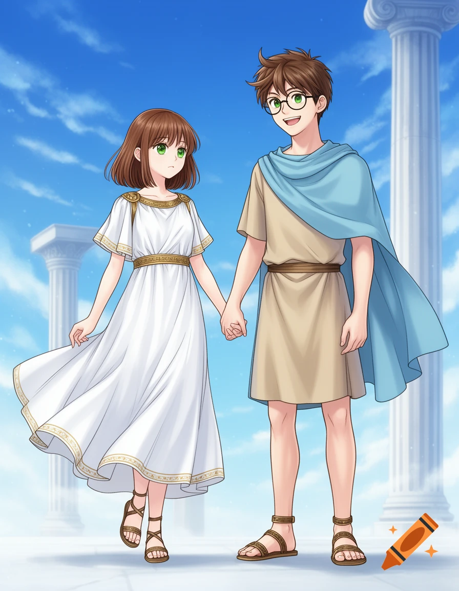 An anime boy and girl in ancient Greek attire hold hands and walk among white columns under a blue sky.