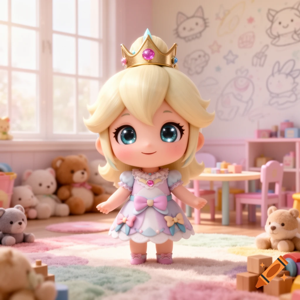 A kawaii chibi toddler doll with blonde hair and a crown in a pink playroom with toys.