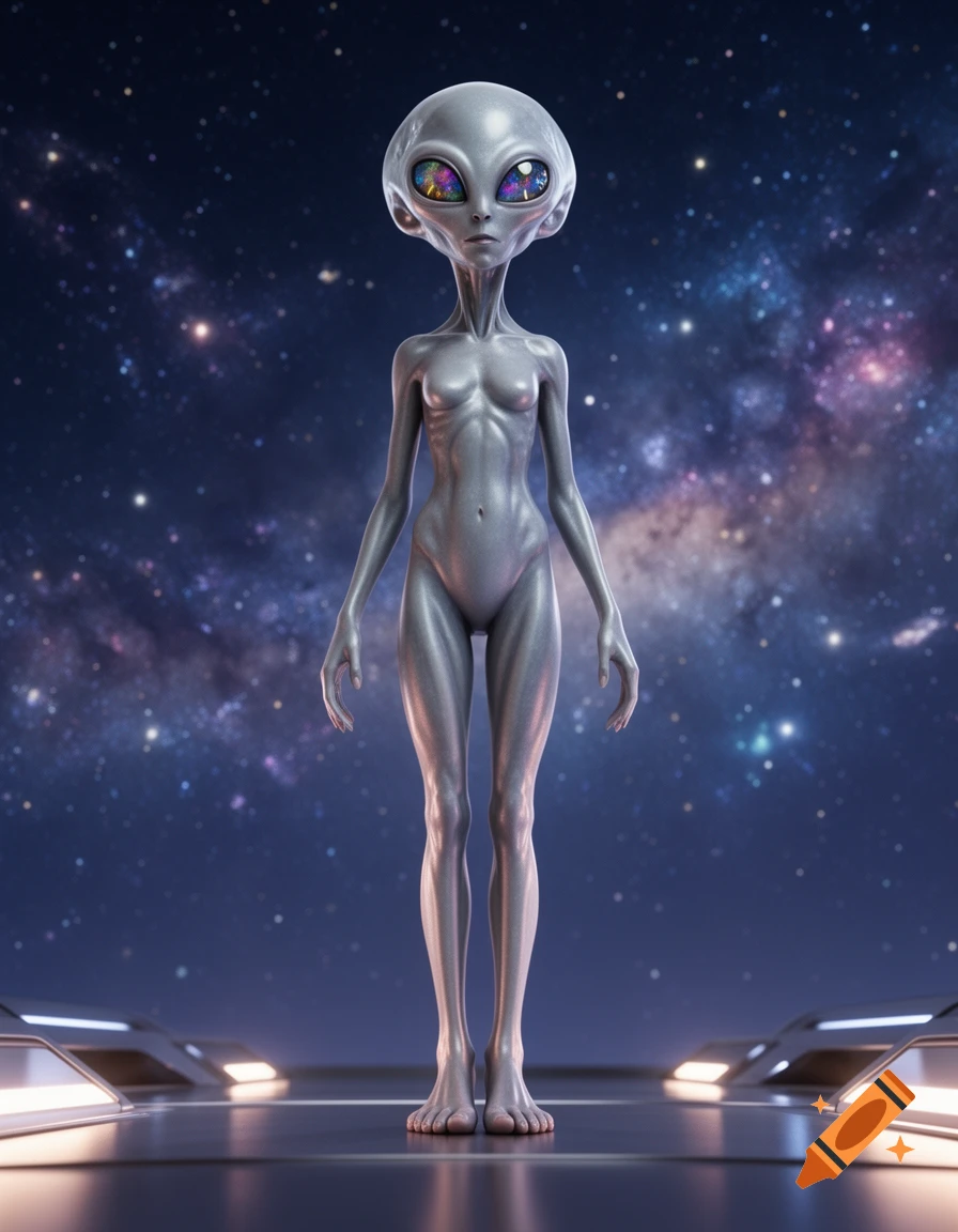 A full-body view of a slender grey alien with large, colorful eyes, standing on a metallic platform in space.
