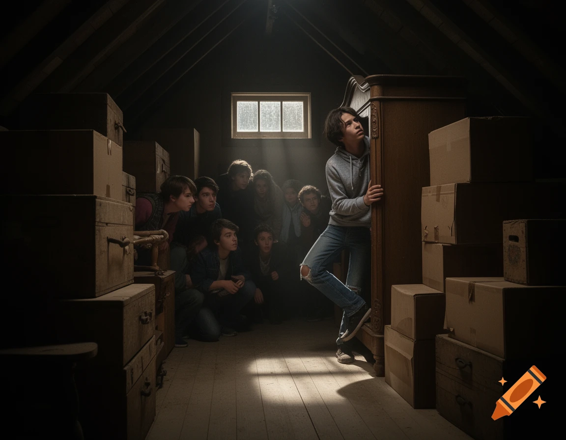 A group of teenagers hiding in a dark attic filled with boxes, with light streaming from a window.