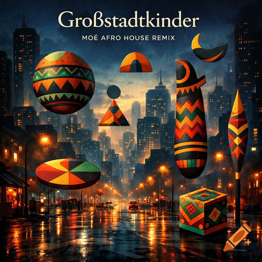 Album cover with a nighttime city skyline, wet streets, and floating abstract African art shapes. Text: Großstadtkinder Moé Afro House Remix.