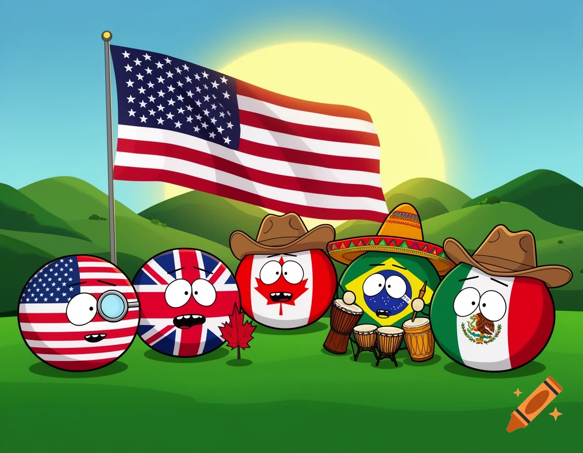 Cartoon countryball characters representing the US, UK, Canada, Brazil, and Mexico stand in a grassy field with a large US flag and sun in the background.
