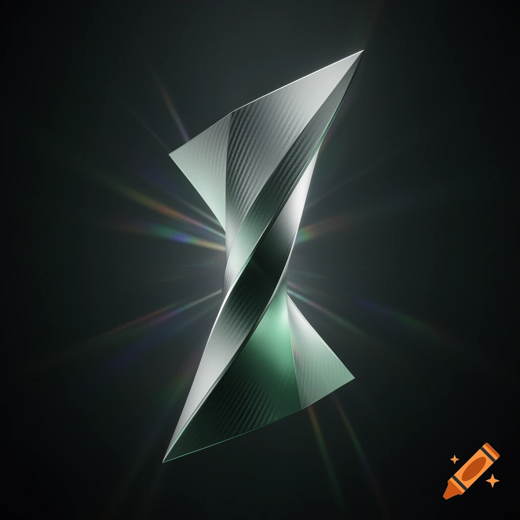 A twisted tapered polygon with metallic and carbon fiber textures, glowing with green light and surrounded by light rays on a dark background.